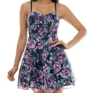 Trixxi Embroidered Printed Mesh Fit & Flare Dress – Navy/Purple – NWT 13